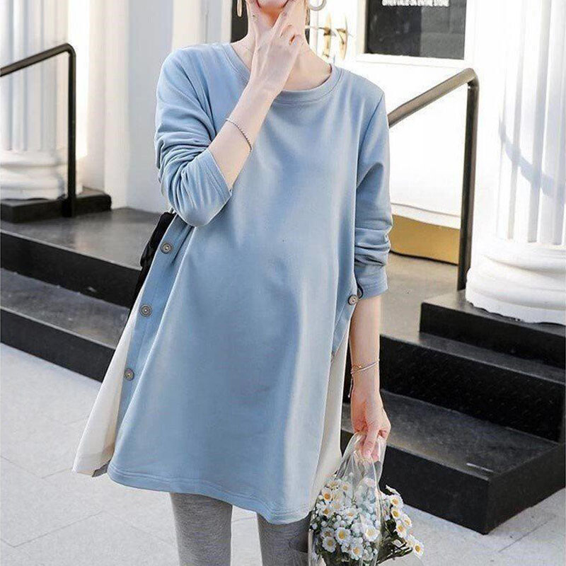 Moteriški viršutiniai drabužiai nėščiosioms, ilgomis rankovėmis vientisa tunika Laisvalaikio nėštumo marškinėliai nėščiosioms Patogus glostantis kostiumas