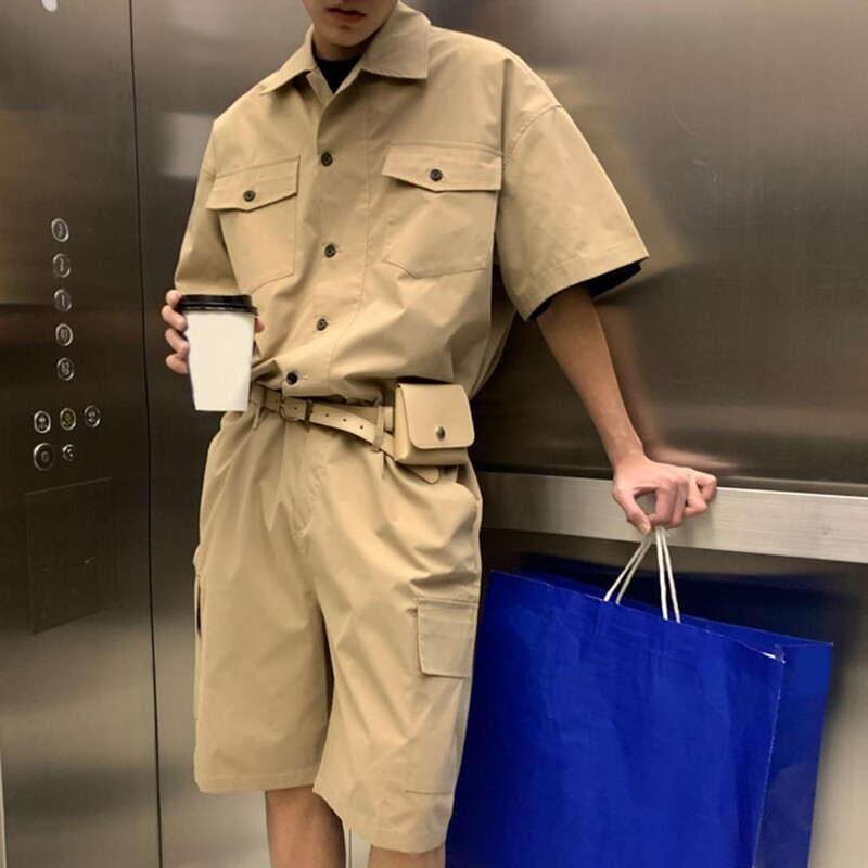 Moda bărbătească cu geantă cu curea din piele Bărbați Salopete cargo Streetwear Salopete coreene Buzunare Salopete cu mânecă scurtă cu nasturi Femei Bărbați