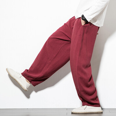 Pamučne lanene hlače u kineskom stilu Muške ljetne muške ležerne široke harem hlače muške jednobojne ulične hlače za trčanje s elastičnim strukom muške