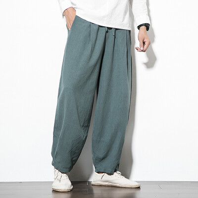 Pamučne lanene hlače u kineskom stilu Muške ljetne muške ležerne široke harem hlače muške jednobojne ulične hlače za trčanje s elastičnim strukom muške