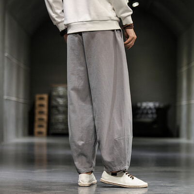 Pamučne lanene hlače u kineskom stilu Muške ljetne muške ležerne široke harem hlače muške jednobojne ulične hlače za trčanje s elastičnim strukom muške