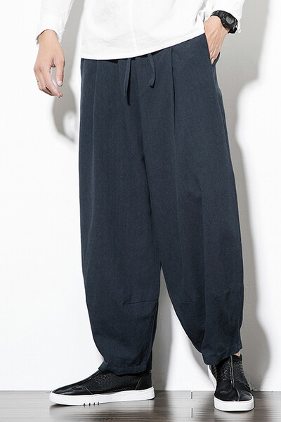 Pamučne lanene hlače u kineskom stilu Muške ljetne muške ležerne široke harem hlače muške jednobojne ulične hlače za trčanje s elastičnim strukom muške