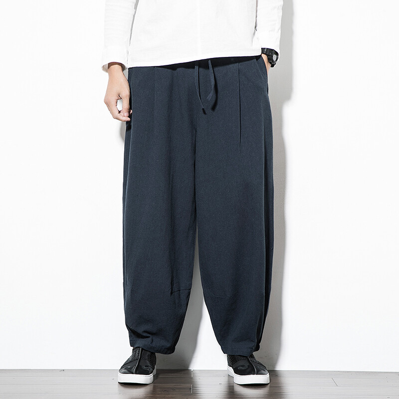 Pamučne lanene hlače u kineskom stilu Muške ljetne muške ležerne široke harem hlače muške jednobojne ulične hlače za trčanje s elastičnim strukom muške