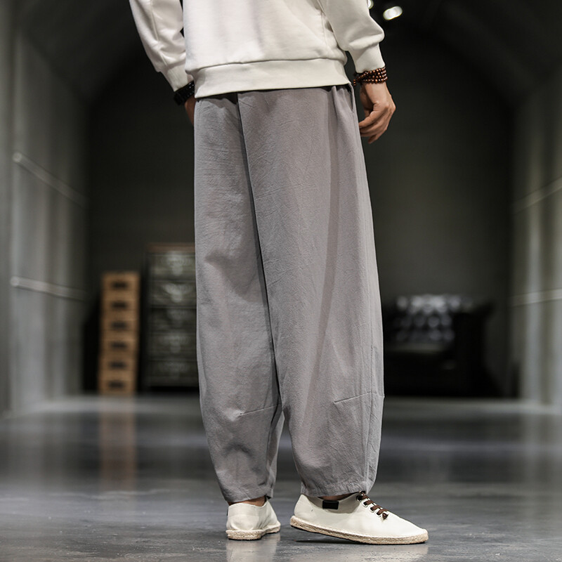Pamučne lanene hlače u kineskom stilu Muške ljetne muške ležerne široke harem hlače muške jednobojne ulične hlače za trčanje s elastičnim strukom muške