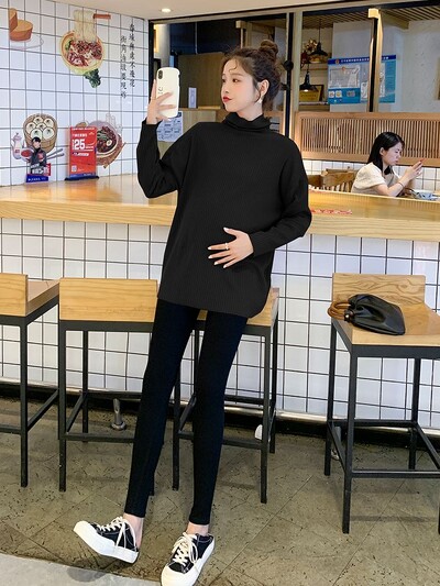 2024 m. žiemos motinystės marškiniai su aukšta apykakle Vienspalviai ilgomis rankovėmis vėžliai, nėščia moteris, šilti viršutiniai megztiniai nėščiosioms