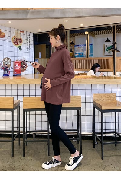 2024 m. žiemos motinystės marškiniai su aukšta apykakle Vienspalviai ilgomis rankovėmis vėžliai, nėščia moteris, šilti viršutiniai megztiniai nėščiosioms