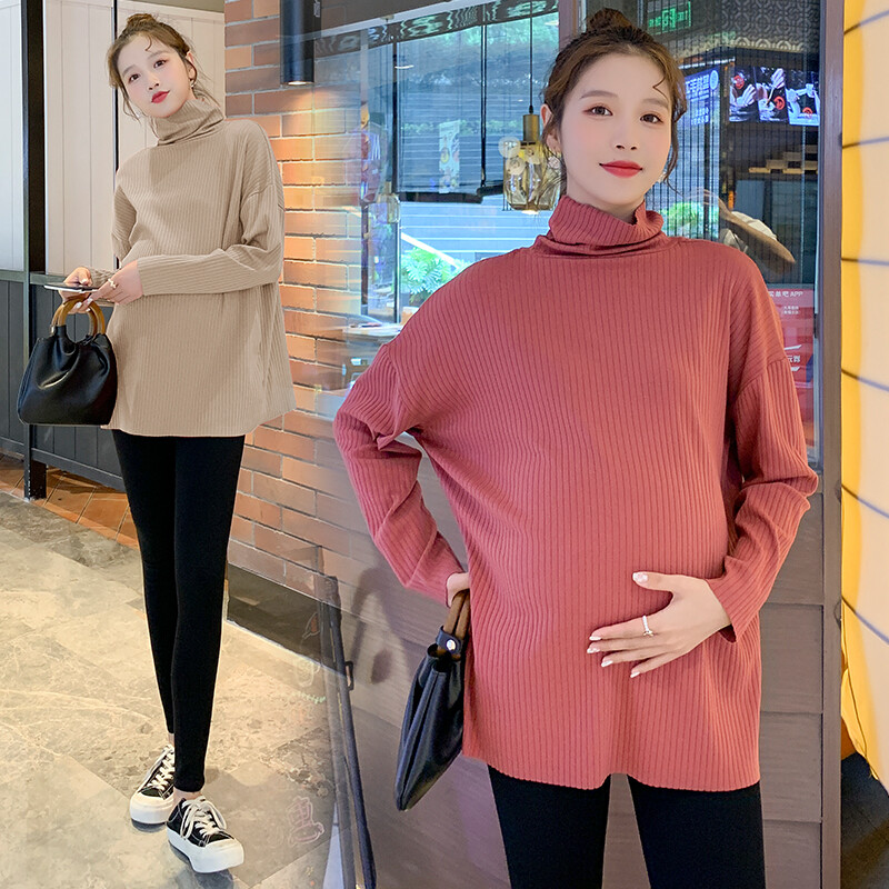 2024 m. žiemos motinystės marškiniai su aukšta apykakle Vienspalviai ilgomis rankovėmis vėžliai, nėščia moteris, šilti viršutiniai megztiniai nėščiosioms