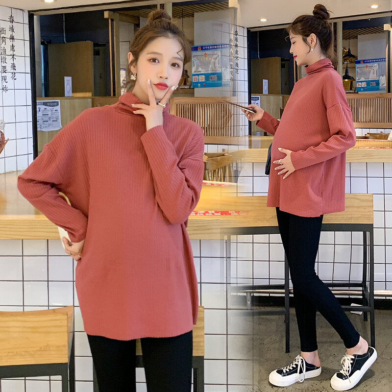 2024 m. žiemos motinystės marškiniai su aukšta apykakle Vienspalviai ilgomis rankovėmis vėžliai, nėščia moteris, šilti viršutiniai megztiniai nėščiosioms