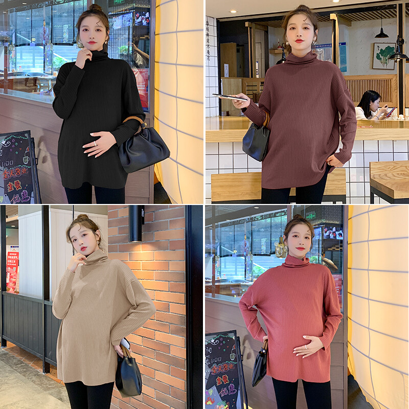 2024 m. žiemos motinystės marškiniai su aukšta apykakle Vienspalviai ilgomis rankovėmis vėžliai, nėščia moteris, šilti viršutiniai megztiniai nėščiosioms