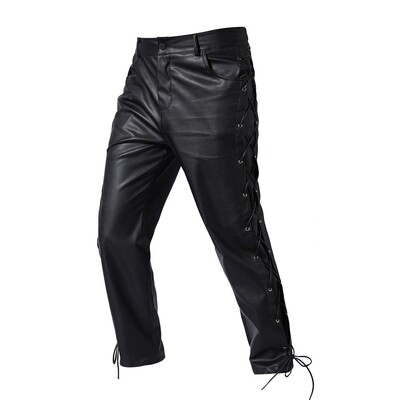 Pantaloni negri din PU de toamnă Pantaloni din piele artificială pentru bărbați, roșii, la modă, ocazional, cu șireturi pe partea stângă și dreaptă S-4XL 5XL