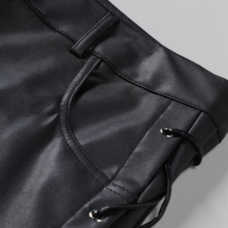 Pantaloni negri din PU de toamnă Pantaloni din piele artificială pentru bărbați, roșii, la modă, ocazional, cu șireturi pe partea stângă și dreaptă S-4XL 5XL