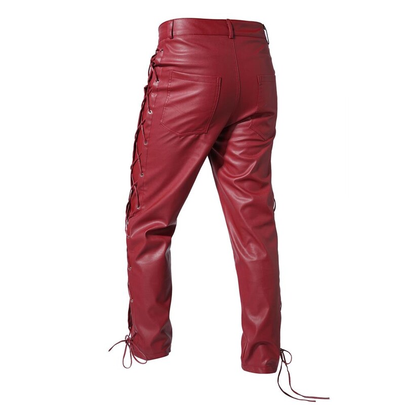 Pantaloni negri din PU de toamnă Pantaloni din piele artificială pentru bărbați, roșii, la modă, ocazional, cu șireturi pe partea stângă și dreaptă S-4XL 5XL