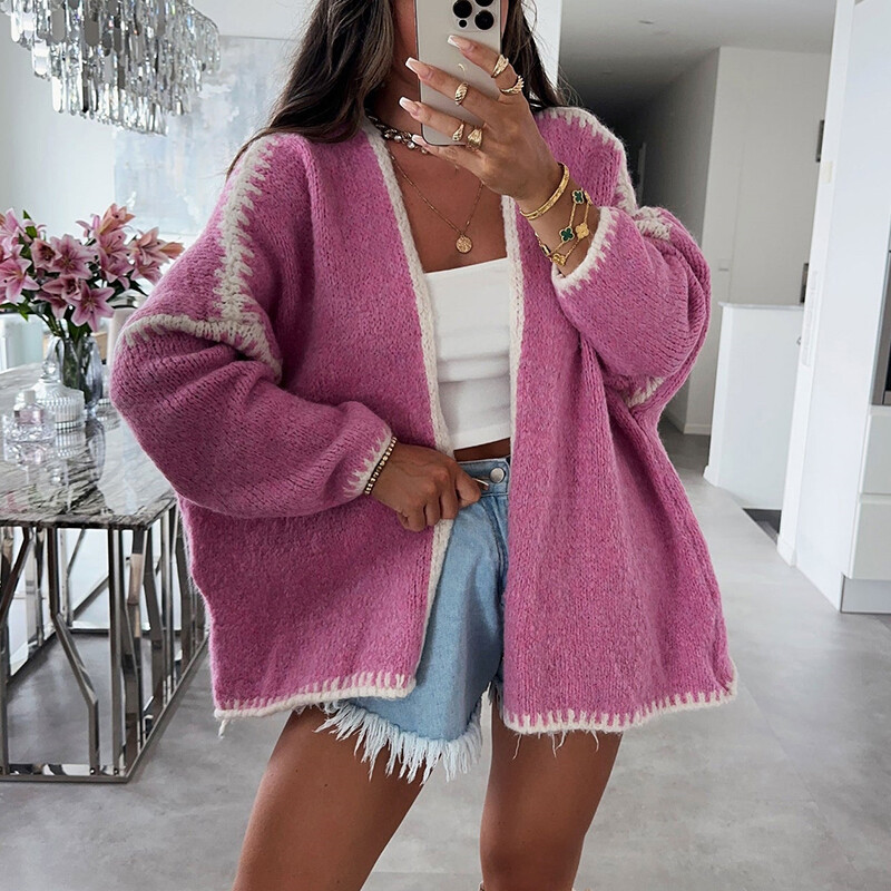 2024 m. žiemos elegantiškos spalvos blokuojantys viršutiniai drabužiai rudens mados megztinis V kaklo megztinis Moteriški laisvalaikio ilgomis rankovėmis laisvi megzti paltai