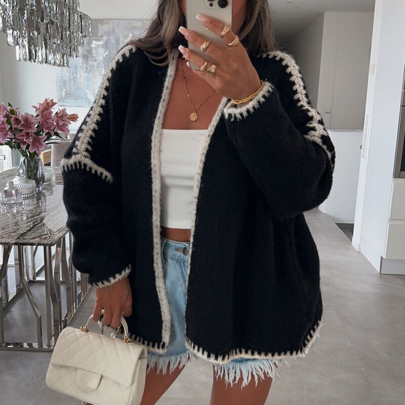 2024 m. žiemos elegantiškos spalvos blokuojantys viršutiniai drabužiai rudens mados megztinis V kaklo megztinis Moteriški laisvalaikio ilgomis rankovėmis laisvi megzti paltai