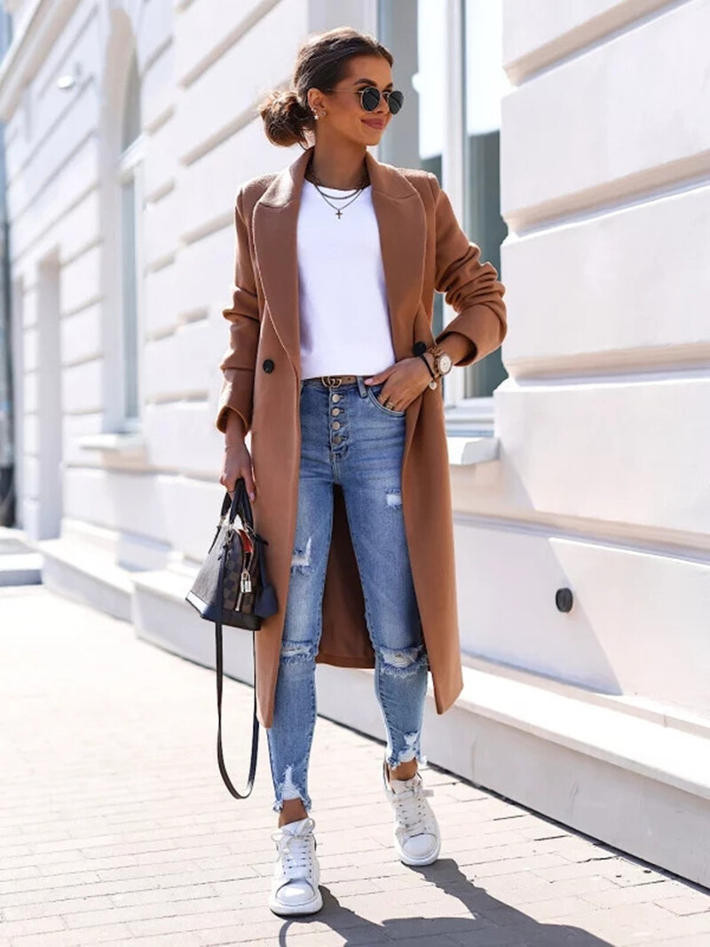 Uzvalks vilnas mētelis sieviešu senior sense 2024 rudens un ziemas jauns plecu slaidinošs korejiešu versijas biezināts vilnas mētelis