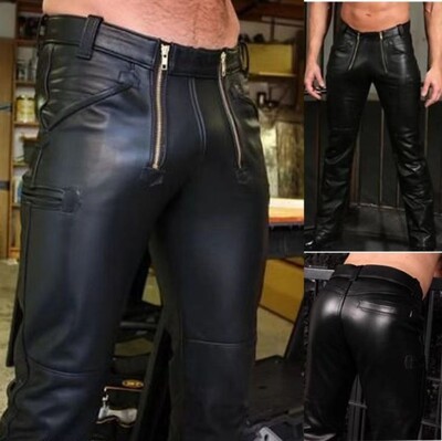 Модни мъжки панталони от изкуствена кожа Stage Performance Punk Motorcycle Biker Slim Fit PU парти панталони за мъже