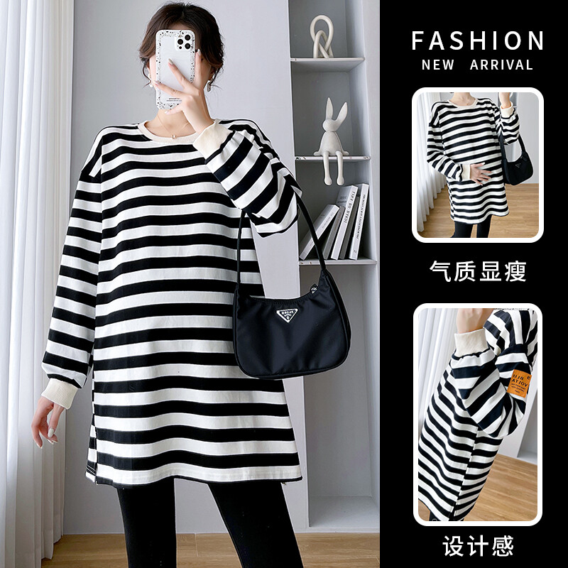 Nėščiųjų moterų marškinėliai ilgomis rankovėmis O formos iškirpte dryžuoti plius dydžio dryžuoti mamos drabužiai nėščiosioms, palaidi, dideli megztiniai