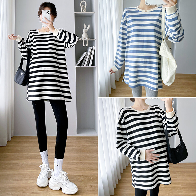 Nėščiųjų moterų marškinėliai ilgomis rankovėmis O formos iškirpte dryžuoti plius dydžio dryžuoti mamos drabužiai nėščiosioms, palaidi, dideli megztiniai