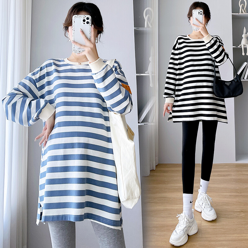 Nėščiųjų moterų marškinėliai ilgomis rankovėmis O formos iškirpte dryžuoti plius dydžio dryžuoti mamos drabužiai nėščiosioms, palaidi, dideli megztiniai