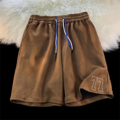 Vintage kratke hlače od jelenske kože boje kave, muške ležerne hlače širokog kroja, prekomjerne sportske salonske hlače u američkom stilu