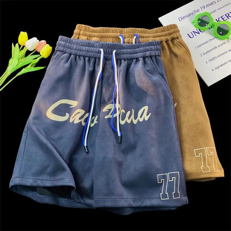 Vintage kratke hlače od jelenske kože boje kave, muške ležerne hlače širokog kroja, prekomjerne sportske salonske hlače u američkom stilu