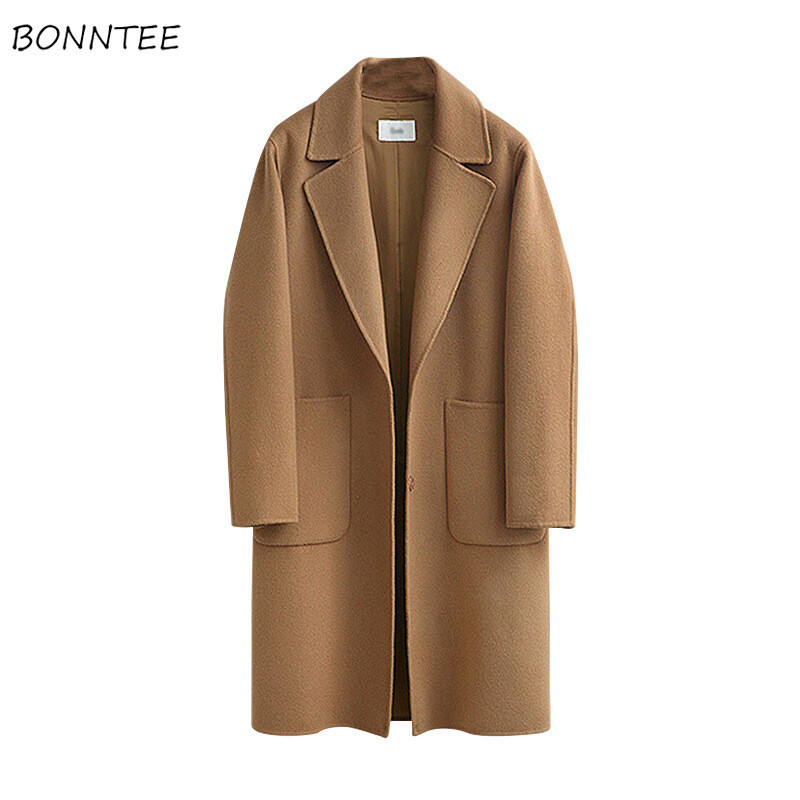 Vilnas sieviešu augstas kvalitātes brīvs, elegants, vienrindas vilnas mētelis Sieviešu korejiešu ikdienas mēteļi ziemas modes ielas apģērbs atpūtai