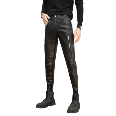 Vīriešu melnas matētas ādas plānas elastīgas zīmuļa bikses vīriešu PU motociklu bikses elegants sānu rāvējslēdzējs ar kabatas biksēm pielāgotas