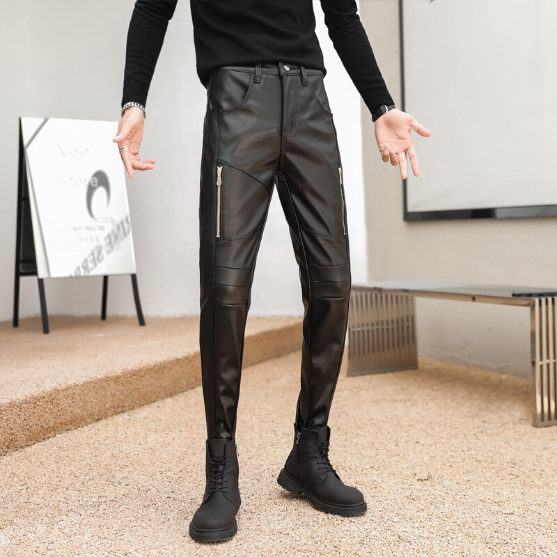 Pantaloni din piele pentru bărbați de toamnă și iarnă de înaltă calitate, stil stretch Pantaloni din piele PU la modă Pantaloni din piele pentru motocicletă pentru bărbați