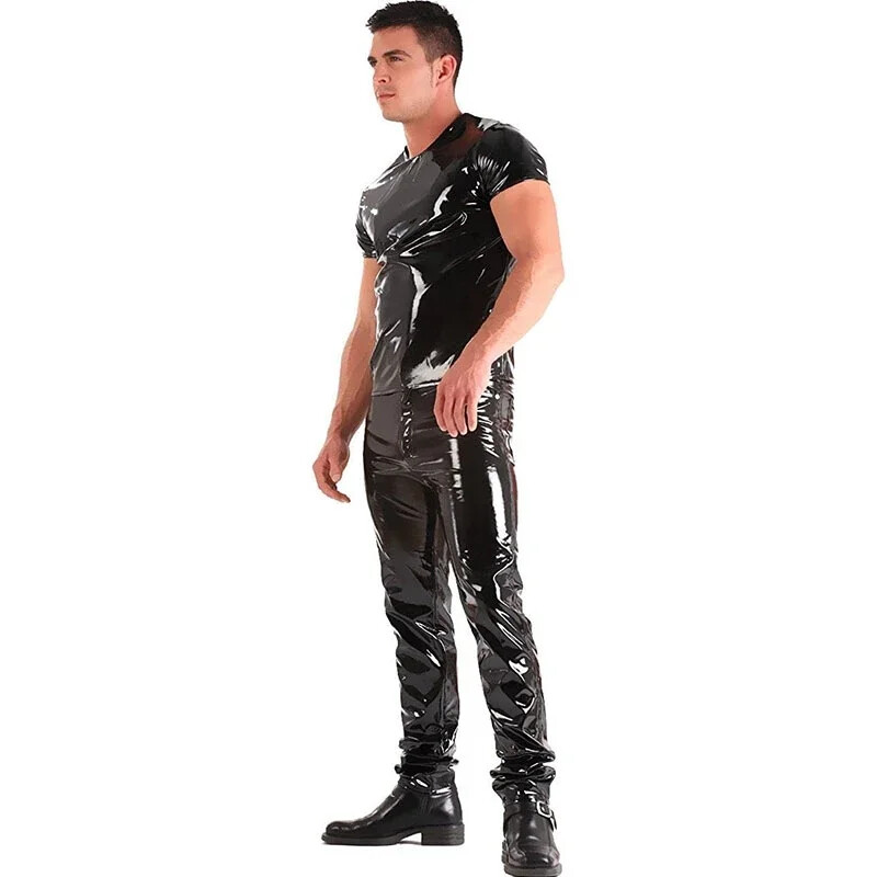 Pantaloni strălucitori din piele lacuita pentru bărbați Pantaloni din latex artificial cu talie mijlocie Pantaloni elastici din PU cu aspect umed Pantaloni bodycon pentru bărbați PVC pentru cluburi Costum personalizat