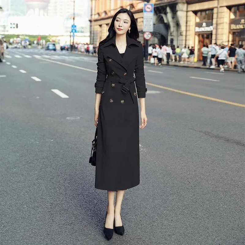 Trenciuri lungi coreene, subțiri, cu două piepturi, ocazional, kaki, jachete, jachete, primăvară, 5xl, gabardina, haine de stradă, casacas pentru femei