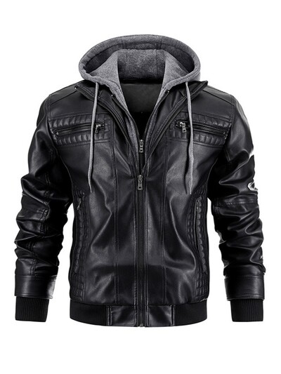 Jachetă din piele pentru bărbați pentru motocicletă Slim Fit, cu glugă, din PU, Top, toamnă, iarnă, ocazional, îmbrăcăminte pentru bărbați, căciulă detașabilă S-XXXL