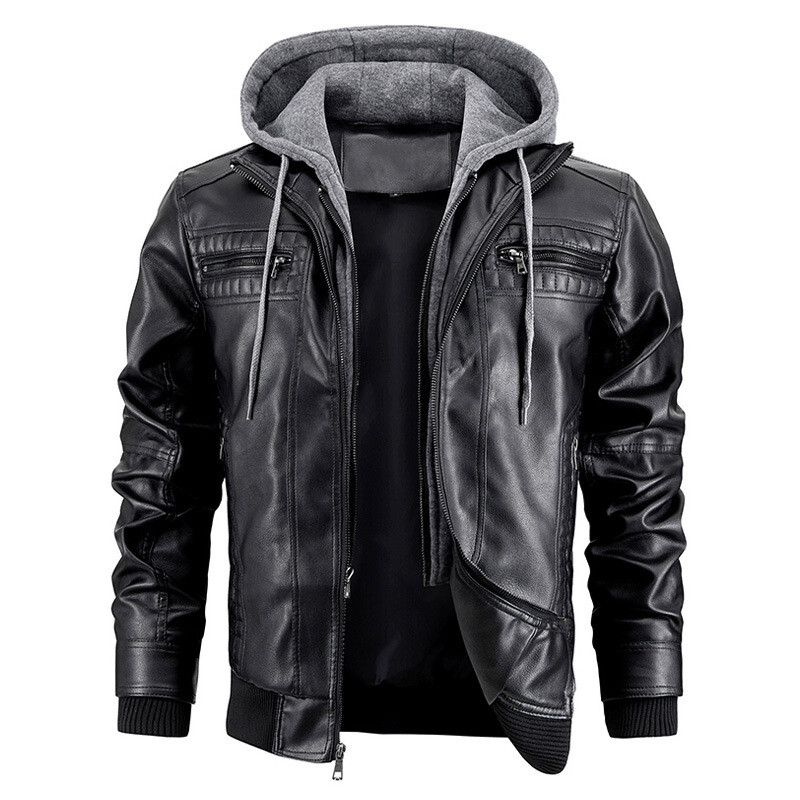 Jachetă din piele pentru bărbați pentru motocicletă Slim Fit, cu glugă, din PU, Top, toamnă, iarnă, ocazional, îmbrăcăminte pentru bărbați, căciulă detașabilă S-XXXL