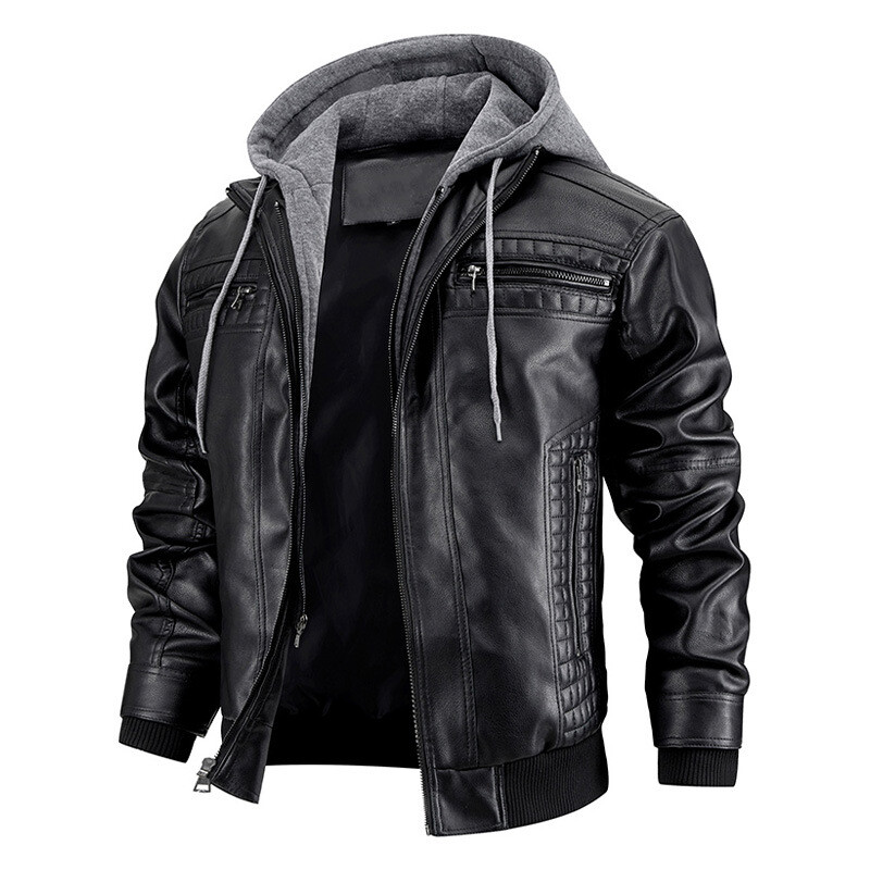 Jachetă din piele pentru bărbați pentru motocicletă Slim Fit, cu glugă, din PU, Top, toamnă, iarnă, ocazional, îmbrăcăminte pentru bărbați, căciulă detașabilă S-XXXL