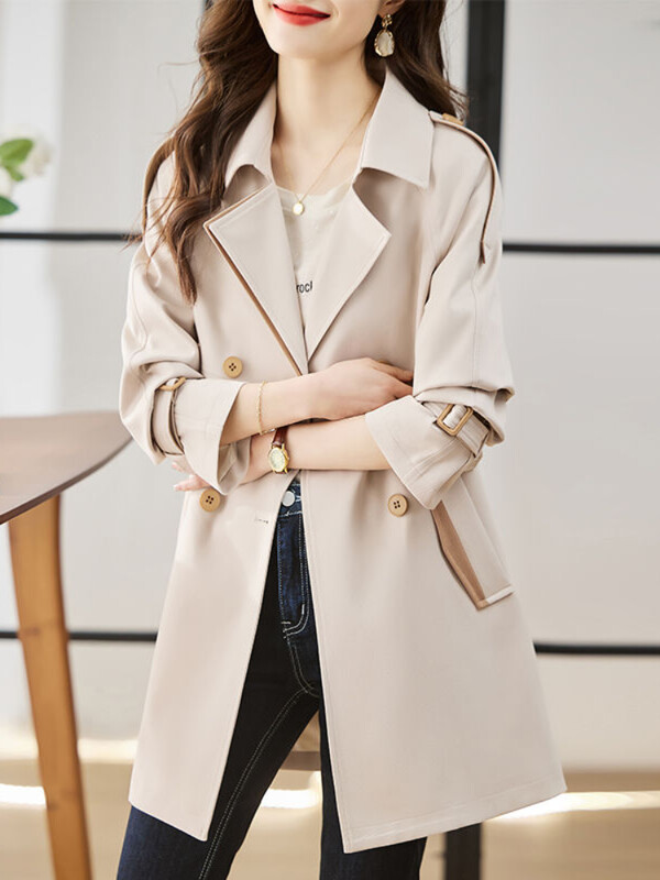 Cieta vidēja garuma tranšeja sievietēm 2023. gada rudens ziema, jauns vintage, nolaižams apkakle ar garām piedurknēm jaka, brīvs divrindu mētelis