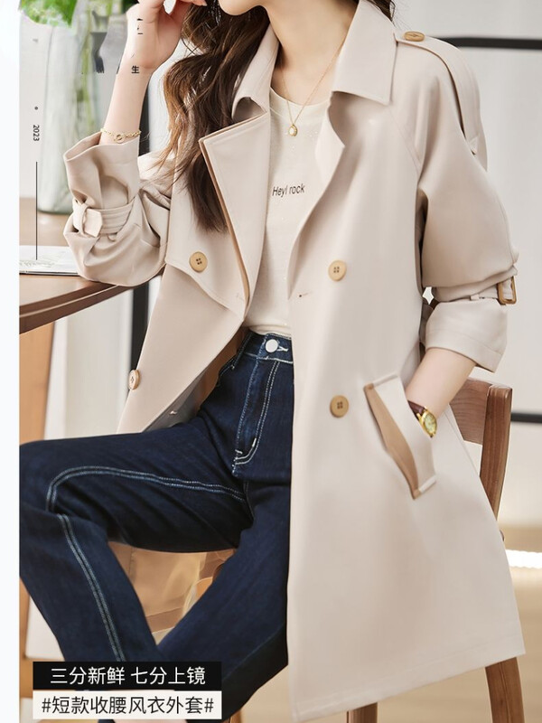 Cieta vidēja garuma tranšeja sievietēm 2023. gada rudens ziema, jauns vintage, nolaižams apkakle ar garām piedurknēm jaka, brīvs divrindu mētelis