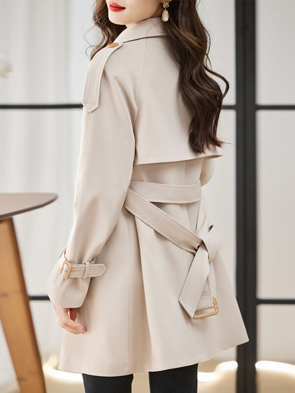 Cieta vidēja garuma tranšeja sievietēm 2023. gada rudens ziema, jauns vintage, nolaižams apkakle ar garām piedurknēm jaka, brīvs divrindu mētelis