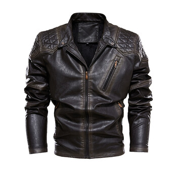 Men Plus Velvet Warm Autumn Brand New Causal Vintage PU кожено яке Палто Men Design Motor Biker Pocket PU кожено яке Мъжки