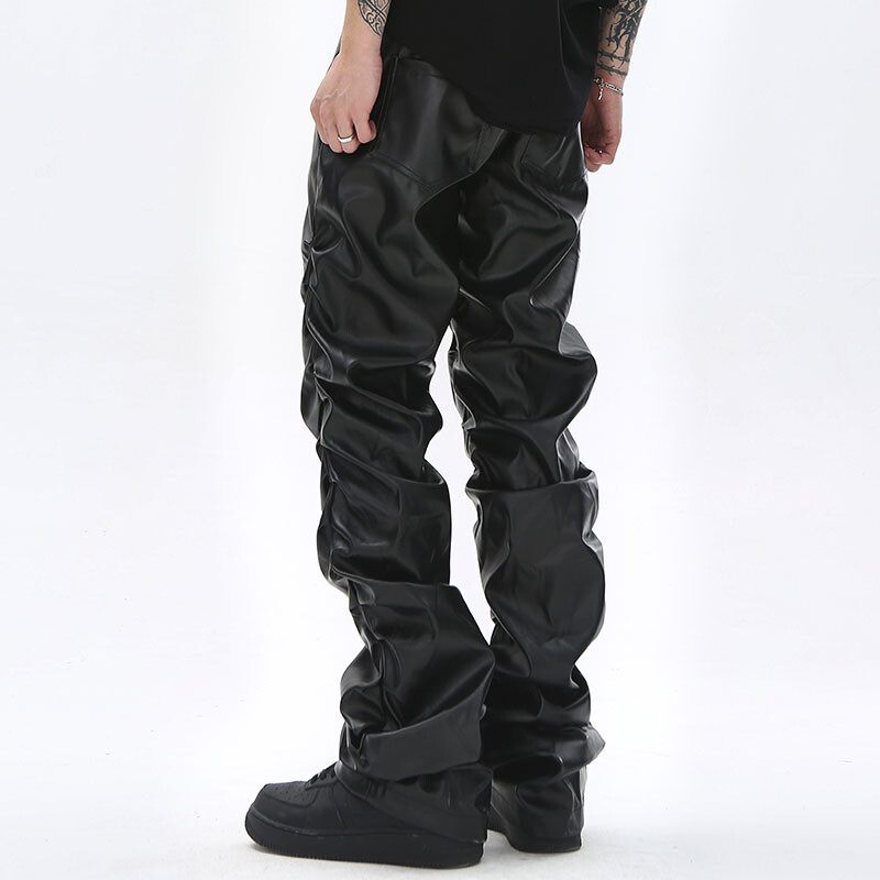 Hip Hop Pantaloni din piele PU plisați pentru bărbați Harajuku Retro Streetwear Pantaloni ocazional cu fânețe largi Pantaloni negri, drepti, de culoare solidă