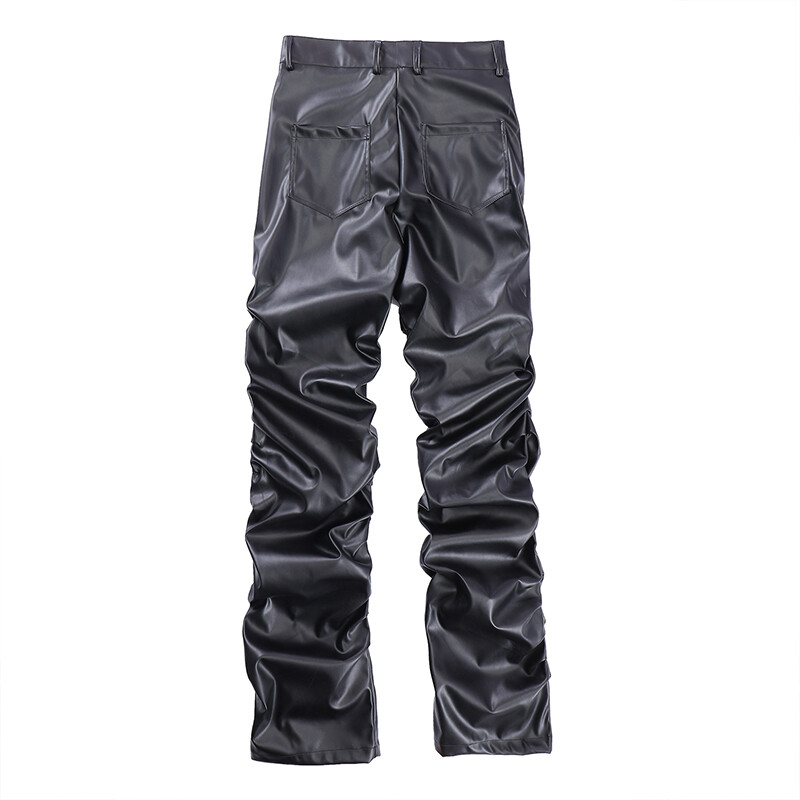Hip Hop Pantaloni din piele PU plisați pentru bărbați Harajuku Retro Streetwear Pantaloni ocazional cu fânețe largi Pantaloni negri, drepti, de culoare solidă