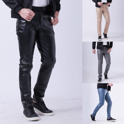 Ilgos odinės kelnės Vyriškos vientisos spalvos Smooth Pencil Pants Button Slim Leather Kelnės pantalon cuir кожаные штаны ,кожаные брюки