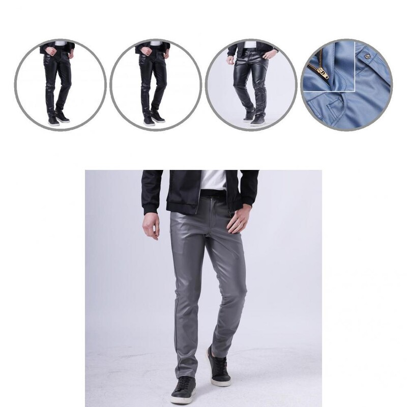 Pantaloni lungi din piele Bărbați de culoare uni Pantaloni creion netezi Pantaloni subțiri din piele cu nasturi pantalon cuir кожаные штаны ,кожаные брюки