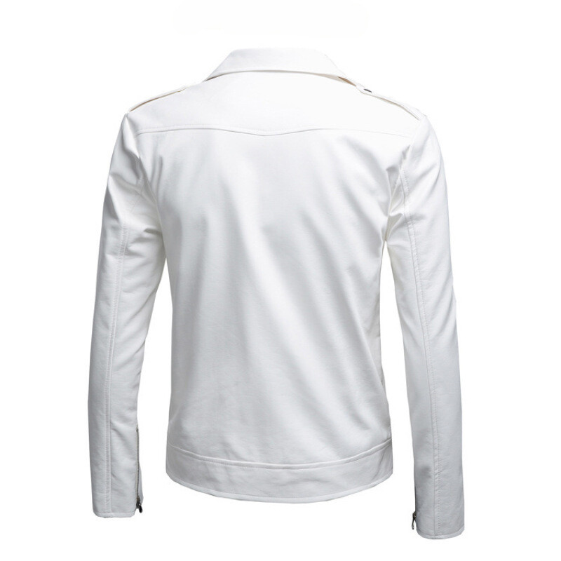 Jachetă din piele artificială, albă, neagră, primăvară, toamnă, slim fit, pentru bărbați, pentru motociclete, cu fermoar.