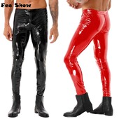 FEESHOW Pantaloni lungi pentru bărbați, cu fermoar în două direcții, cu crochet, cu aspect umed, din piele lăcuită, pantaloni slăbiți, îmbrăcăminte de club