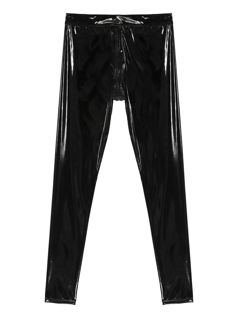 FEESHOW Pantaloni lungi pentru bărbați, cu fermoar în două direcții, cu crochet, cu aspect umed, din piele lăcuită, pantaloni slăbiți, îmbrăcăminte de club