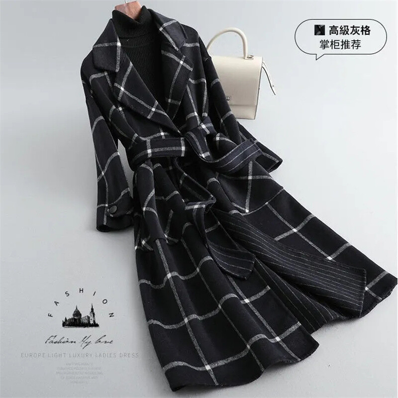 Obostrano karirani kaput za žene srednje dužine 2024. Nova jesen i zima Nova korejska verzija Dvostrano obojeni vuneni kaput za žene