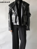 Mauroicardi Primăvară Toamnă Cool Oversized Scurt Negru Moale Jachetă din piele sintetică Bărbați Fermoar Haine de designer de lux Pista Moda