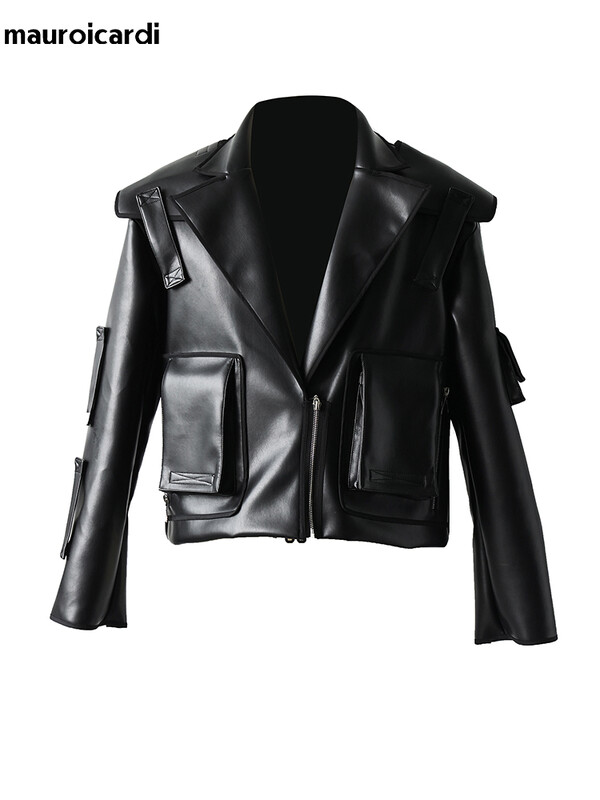 Mauroicardi Primăvară Toamnă Cool Oversized Scurt Negru Moale Jachetă din piele sintetică Bărbați Fermoar Haine de designer de lux Pista Moda