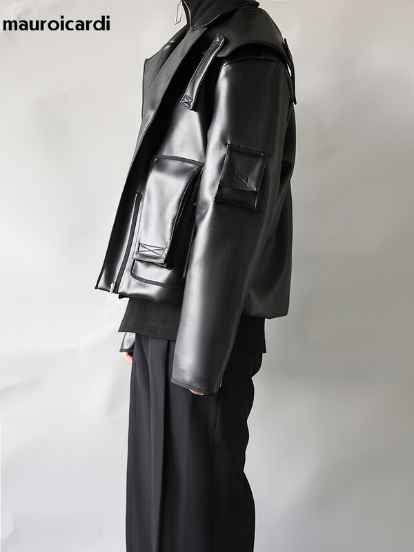 Mauroicardi Primăvară Toamnă Cool Oversized Scurt Negru Moale Jachetă din piele sintetică Bărbați Fermoar Haine de designer de lux Pista Moda