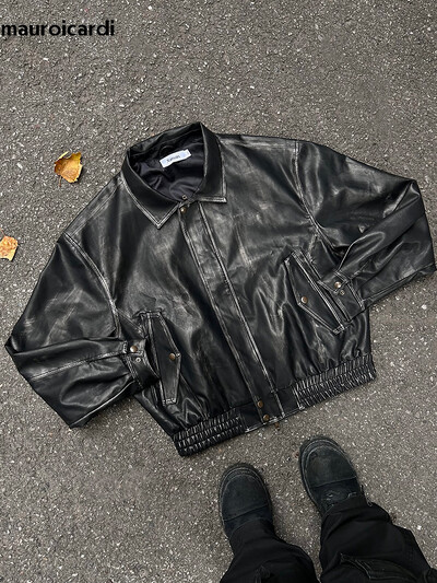 Mauroicardi Spring Cool Handsome Short Vintage Distressed Black Pu Leather яке Men Zipper Luxury Designer Unisex Clothes 2024