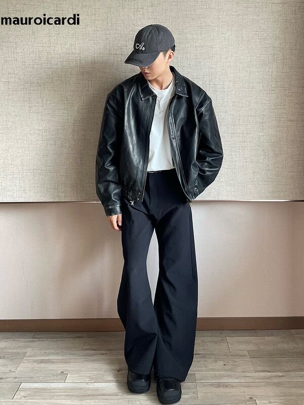 Mauroicardi Primăvară Cool Arătos Scurt Vintage Distressed Negru Pu Jachetă din piele Bărbați Fermoar Designer de lux haine unisex 2024